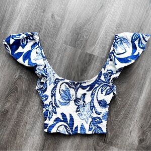 Blue and white linen floral ruched crop top